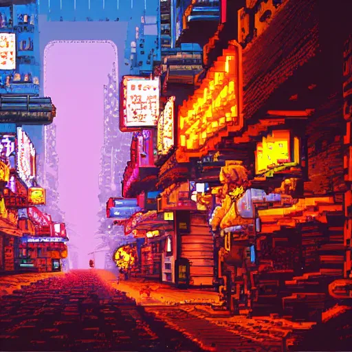 Image similar to fantastic lighting, pixel art, high detail , 16 bits, cyberpunk market, 2d