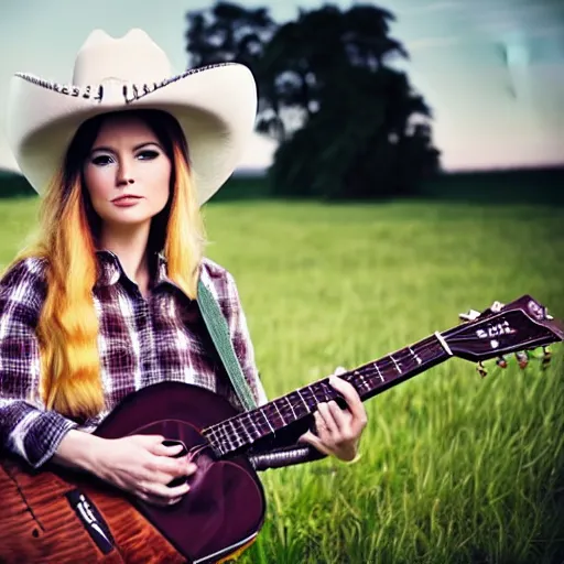 Prompt: a female fluffy fox animal, wearing cowboy hat, wearing plaid shirt, playing guitar, in a field, barn in background, album cover style