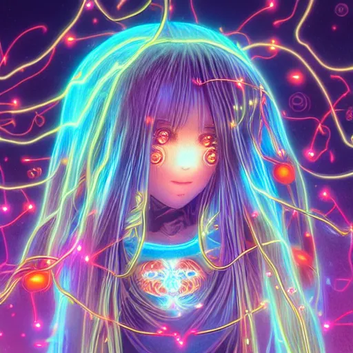 Image similar to anime girl electronic circuitry, with fireflies with a thick mane of bioluminescent vines and flowers by chris dyer and alex grey street art, trending on artstation, dramatic lighting, octane render, weta digital, trending on deviant art, deepdream, ray trace