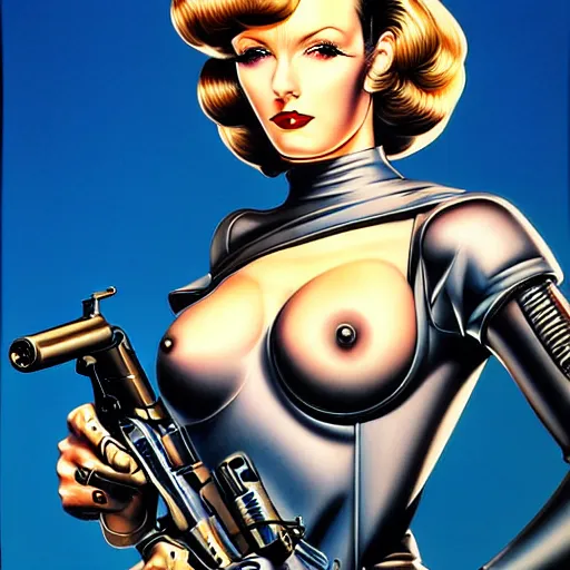 Prompt: mal watson chic lady holding a gun, 1 9 8 0's art, airbrush style, art by hajime sorayama,, intricate, elegant, sharp focus, illustration, highly detailed, h 6 4 0