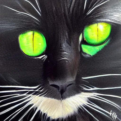 Image similar to spectacular oil painting of a black cat with green eyes