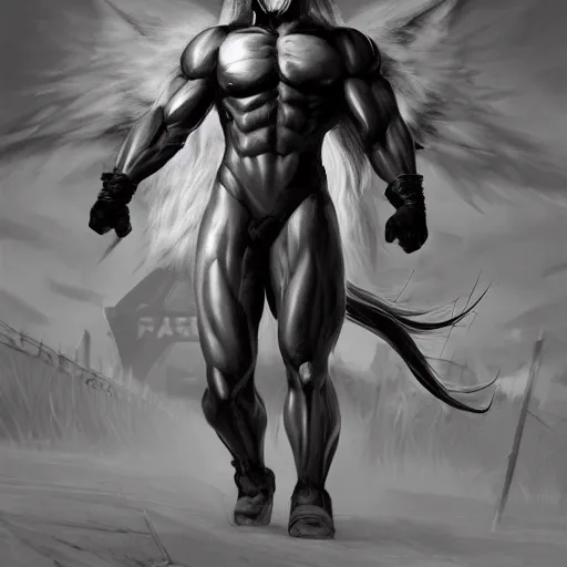 Image similar to a enormously muscled black - coated anthro horse with long white hair wearing tactical kevlar fabric, exaggerated muscle physique, highly detailed, furry, furaffinity, digital painting, artstation, sharp focus, smooth, concept art, illustration, art by artgerm, greg rutkowski, makoto shinkai