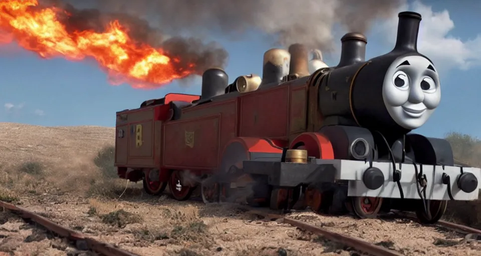 Image similar to still frame of Thomas the Tank Engine with fire in MAD MAX: FURY ROAD (2015)