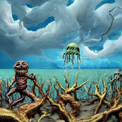 Image similar to nightmare monster emerging from sea surface, but monster is dendritic, thunderstorm in background, color