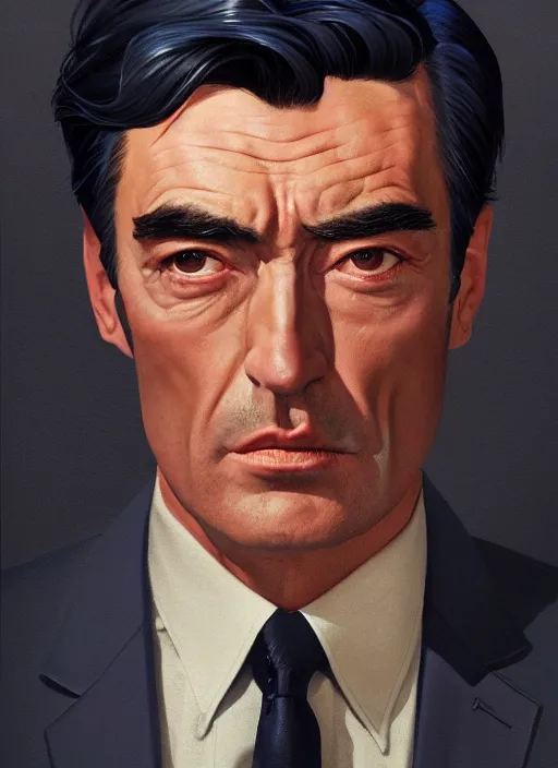 Image similar to full - length portrait of gregory peck, dressed in a navy blue suit with silver embroidered details, detailed face, fantasy, cinematic lighting, digital art painting, fine details by realistic shaded lighting poster by ilya kuvshinov katsuhiro otomo, magali villeneuve, artgerm, jeremy lipkin and michael garmash and rob rey