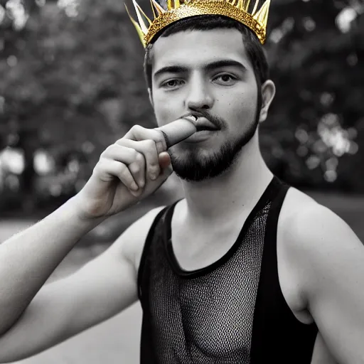 Image similar to A full shot portrait of a young man in a Netted Fishnet Mesh Tanktop wearing a golden diamond crown smoking a cigar on a sunny day in the park, 35mm, 4K, studio lighting