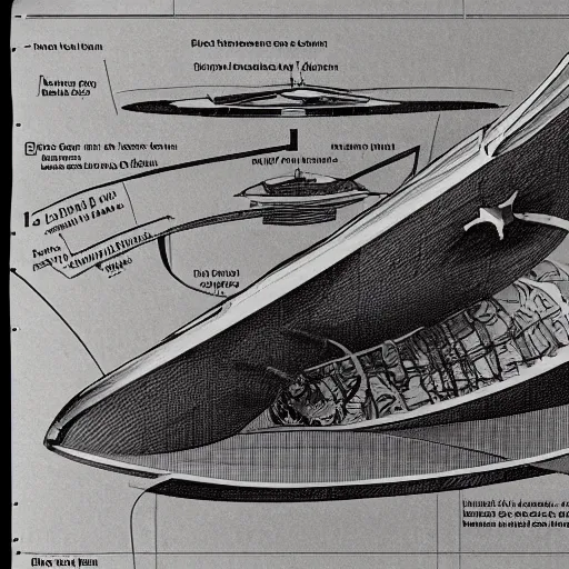 Prompt: Diagram of a spaceship, exploded view, marginalia, schematic