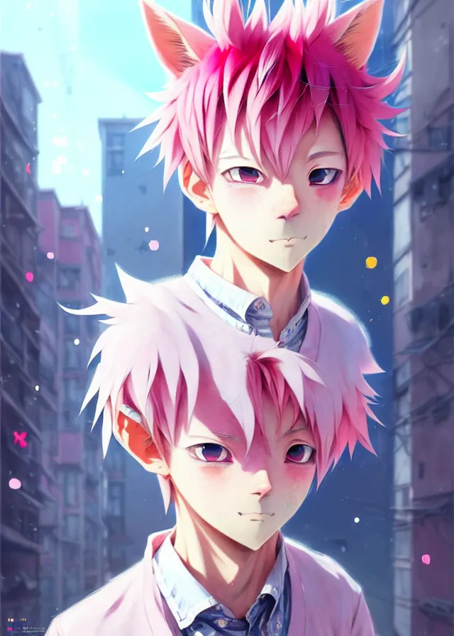 Prompt: portrait of a cute male anime boy with pink hair and pink wolf ears and freckles stylish clothes in a city | | highly detailed digital art painting by cory loftis, fenghua zhong, ryohei hase, ismail inceoglu and ruan jia. artstation, pinterest, volumetric lighting, subsurface scattering, photorealistic, octane render, random artists