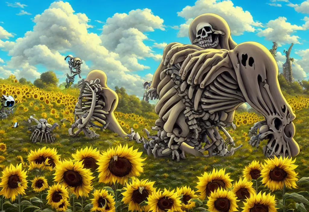 Image similar to chubby giant monster bones and skeletons in the countryside with sunflower in the foreground, intricate oil painting, high detail illustration, sharp high detail, manga and anime 1 9 9 9, official fanart behance hd artstation by jesper ejsing and makoto shinkai, 4 k,