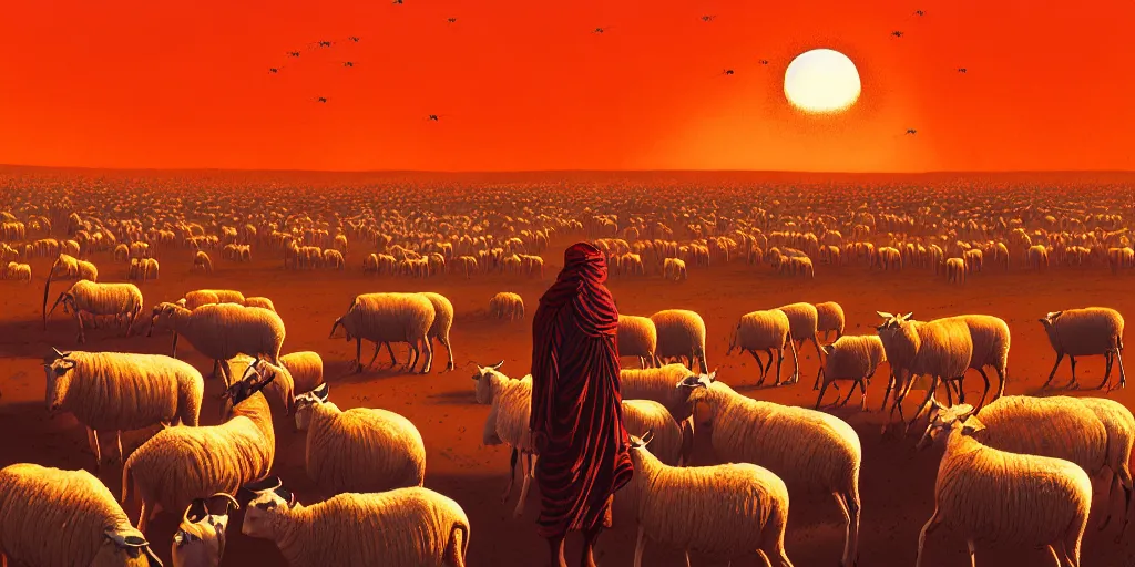 Image similar to an masai warrai guarding a herd of sheep in a large arid plain, surrounded by alien creatures while the orange sun sets. by dan mumford.