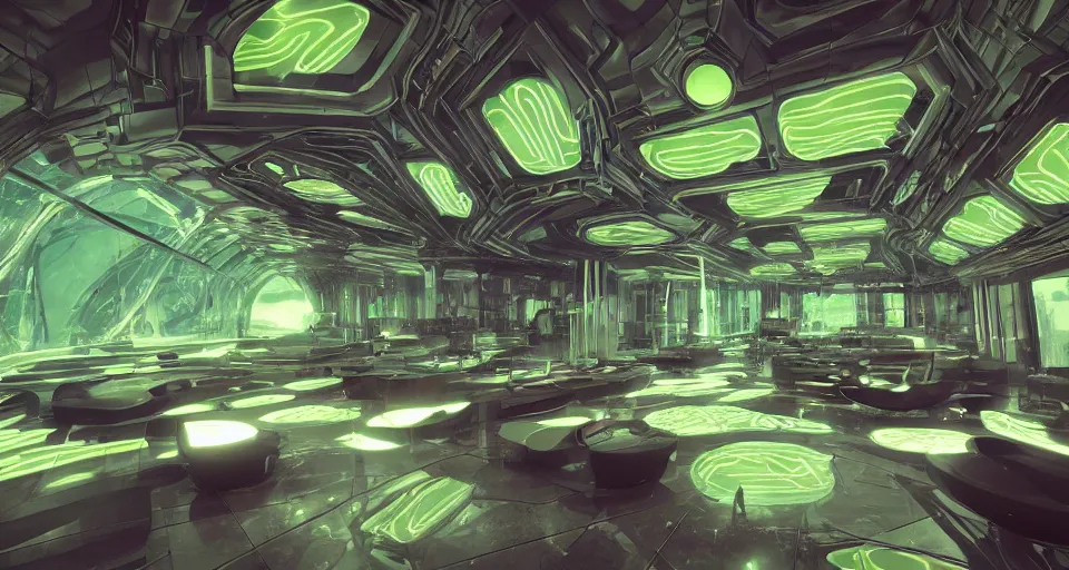 Prompt: interior of an alien building, clean lines, bold imaging, alien plants part of the building, intelligent arrangement, epiic composition, dynamic lighting, dramatic, glass everywhere, furniture part of the glass, spot lights, neon highlights, blobs, mandelbulb wall design, trending on artstation, octane render