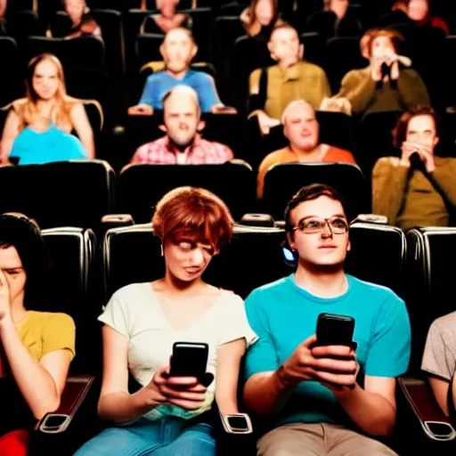 Image similar to people in a very dark full dark movie theatre playing on their cellphones