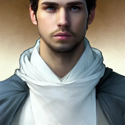 Image similar to ultra realistic illustration, a young man in a white hood, with brown hair, with blue eyes, intricate, elegant, highly detailed, digital painting, artstation, concept art, smooth, sharp focus, illustration, art by artgerm and greg rutkowski and alphonse mucha