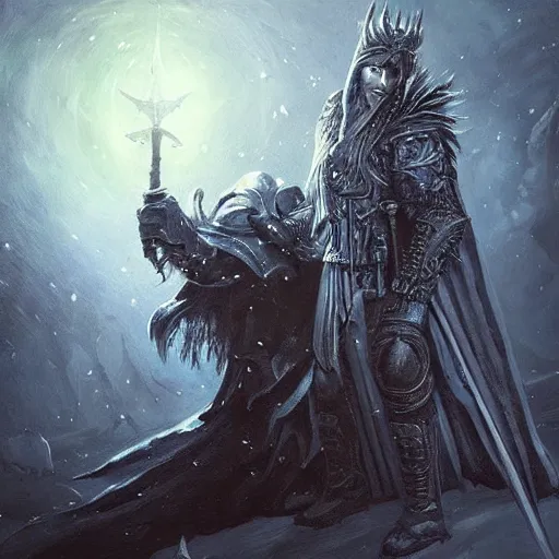 Image similar to “Epic battle between a wizard and the lich king, dramatic lighting, fantasy, detailed painting”