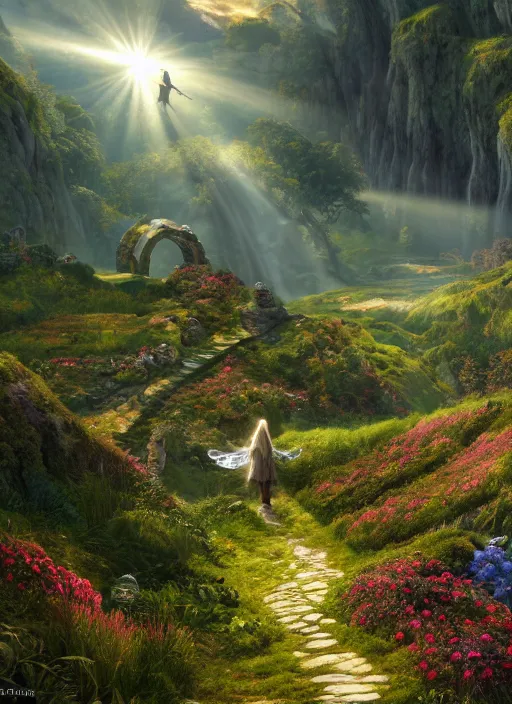 Image similar to in the distance a symmetrical fairy flying in a lord of the rings scenery landscape, a vast lush valley flowers and wood structures, stream, sunrise, god's rays highly detailed, vivid color, cinematic lighting, perfect composition, 8 k, gustave dore, derek zabrocki, greg rutkowski, belsinski, octane render