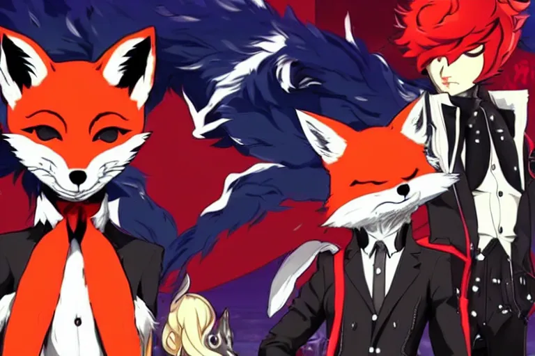 Image similar to a furry tan male fox on a persona 5 : royal ( by atlus ) video game splash screen, a furry male sandcolored tan fox fursona ( has hair ), persona 5 phantom thief style