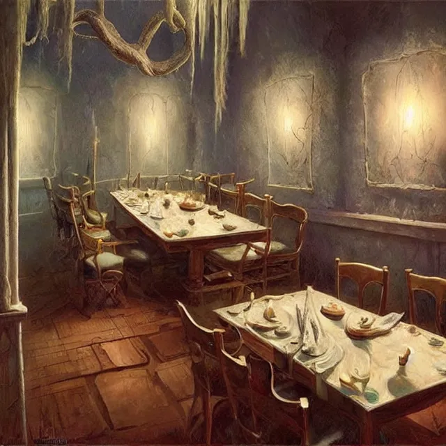 Image similar to a serene and tranquil dining room, haunted house, masterpiece, unease, grasping pseudopods, detailed human figures, rhads!!!, magical realism, urban fantasy, ( h. r. giger )