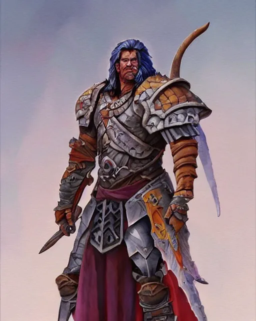 Image similar to a oil / watercolor painting full body character portrait of a paladin / barbarian in the style of moebius in the style of leonard boyarsky trending on artstation deviantart pinterest furaffinity detailed photorealistic highlights and shadow hd 8 k post - processing high resolution