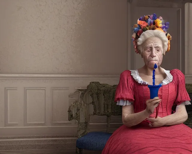 Image similar to an innocent and beautiful scene in hyper realistic style, about an old and lonely woman applying makeup in front of the camera, and modeling a victorian dress. a huge and colorful fish sits on her head. 4 k. wide angle. wild. symmetrical face, red mouth, blue eyes. deep focus, lovely scene. ambient occlusion render. unreal engine.