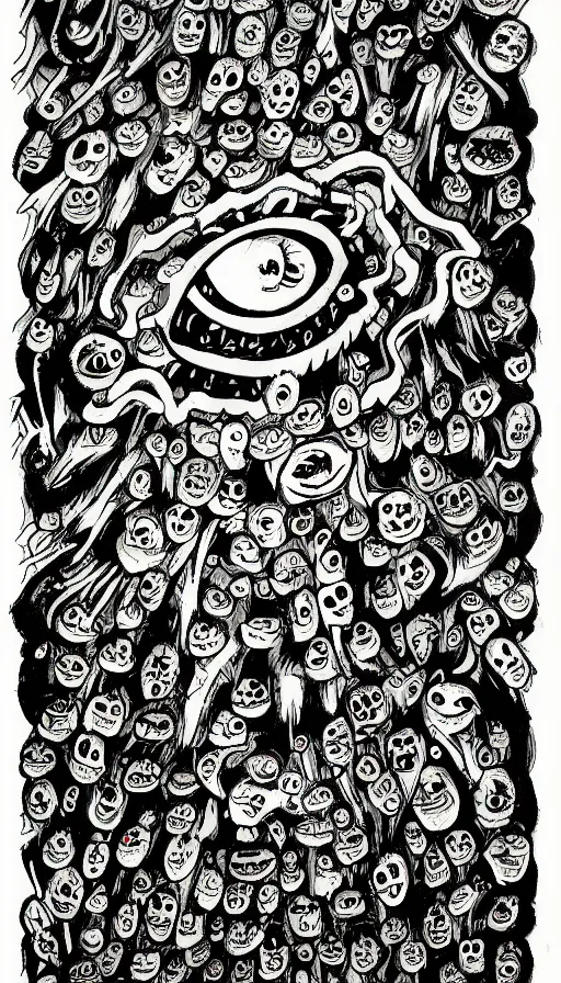 Image similar to a storm vortex made of many demonic eyes and teeth, by raymond briggs