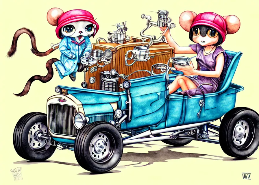 Image similar to cute and funny, margay riding in a tiny 1 9 2 3 ford t - bucket with oversized engine, ratfink style by ed roth, centered award winning watercolor pen illustration, isometric illustration by chihiro iwasaki, edited by range murata, tiny details by artgerm and watercolor girl, symmetrically isometrically centered