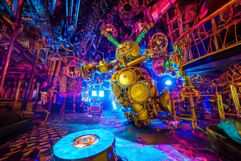 Image similar to scene is elrow party in amnesia ibiza, portrait photo of a giant huge golden and blue metal steampunk robot, with gears and tubes, eyes are glowing red lightbulbs, shiny crisp finish, 3 d render, 8 k, insaneley detailed, fluorescent colors, haluzinogetic, background is multicolored lasershow