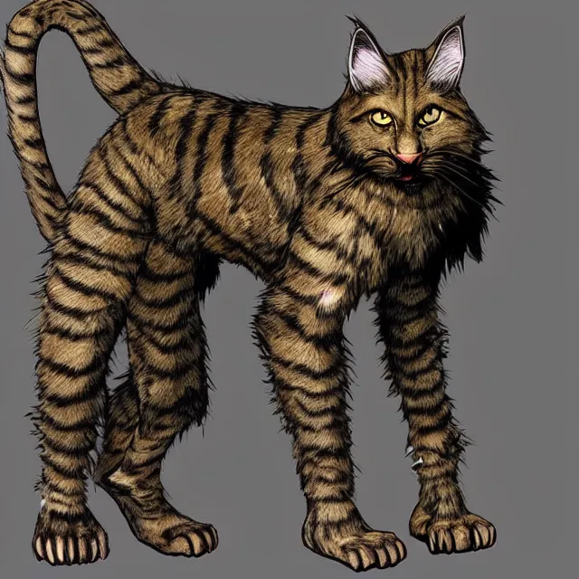 Image similar to khajit tabaxi catfolk humanoid with maine coon features black fur with a scar on the left eye and holding two shortswords cloaked in shadow and wearing hooded leather armor agile, dungeons and dragons, fantasy, tarot card style, high detail, hyper realistic