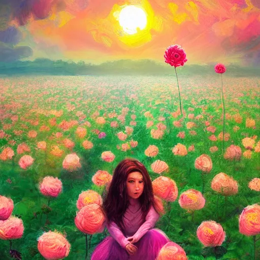 Image similar to giant rose flower head, girl sitting in a flower field, surreal photography, sunrise, dramatic light, impressionist painting, colorful clouds, digital painting, artstation, simon stalenhag