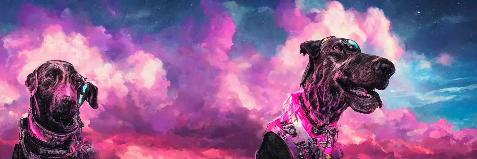 Image similar to hyperdetailed illustration, portrait big dog face, mohawk, stars, dark, pink, big train in space, pirate neon ship, neon, oil painting, rich deep colors masterpiece, ultra detailed, contrast, heaven pink, clouds, volumetric light, atmospheric lighting, dramatic, cinematic, moody, octane render 4 k, 8 k