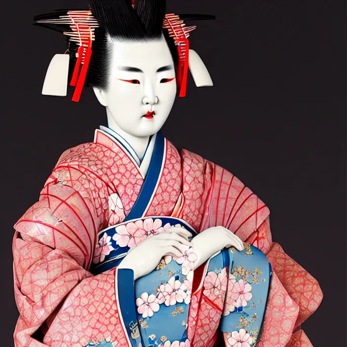 Image similar to ceramic cyborg geisha, kimono with Kakiemon design with plums and stylized flowers in glaze and gilding Edo period 1670–1690, diffuse lighting, fantasy, intricate, elegant, highly detailed, lifelike, photorealistic, digital painting, artstation, illustration, concept art, smooth, sharp focus, art by John Collier and Albert Aublet and Krenz Cushart and Artem Demura and Alphonse Mucha