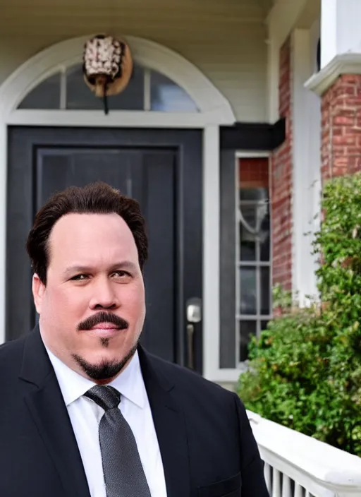 Prompt: clean - shaven jon favreau as happy hogan wearing a black suit and necktie and apron is sweeping the front porch of a house.