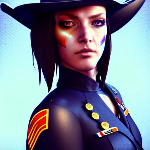 Image similar to a full - body painting of a female military captain! wearing a cowboy hat!, angelic face! stunning eyes!, cyberpunk art by yumihiko amano, cgsociety, figurative art, toonami, zbrush, official art