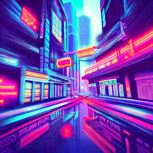 Image similar to a city at night. neon lights, futuristic, hyperrealistic, highly detailed, dramatic, cyperpunk