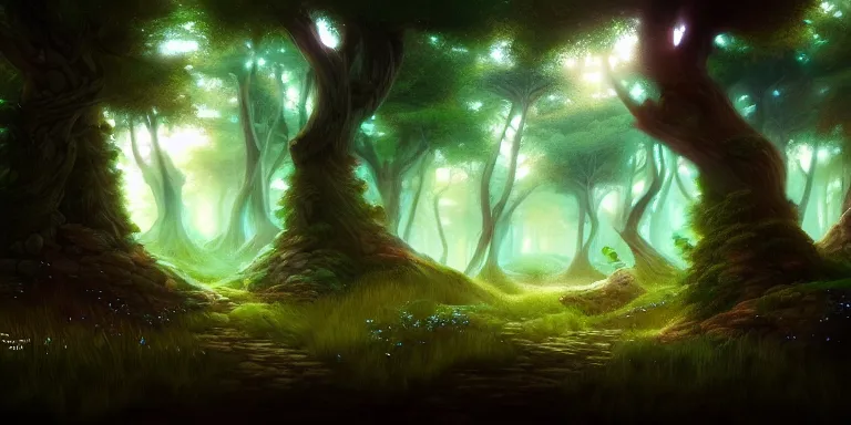 Image similar to Hidden forest community, Fae Faeries, landscape, daytime, fantasy, intricate, elegant, highly detailed, digital painting, artstation, concept art, smooth, sharp focus, illustration, volumetric lighting