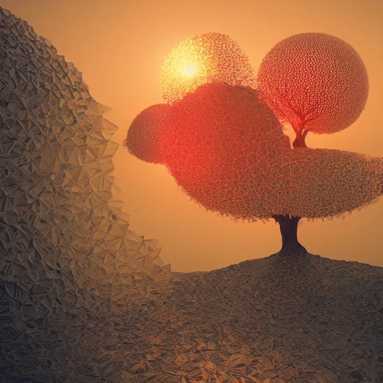 Image similar to The Bodhi Tree at Sunset, beautiful art with volumetric lighting, by Jonathan Zawada, Alphonse Mucha, beeple, Pi-Slices and Kidmograph