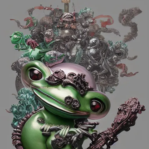 Image similar to plasticine wet shiny angels, crystal, moonlit, mirrors, camera angled dramatically, realistic hyperdetailed design of pepe the frog, ferocious, chinese mythology, victo nga, fumo yoshitoshi, ren jing jeong, feifei ruan, peter mohrbacher, takato yamamoto