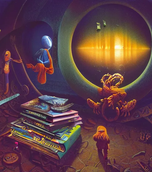 Prompt: cozy barnes and noble kids section. vantablack cloth technology, vintage shapes, retro technology, happy colors dariusz zawadzki, tim hildebrandt, wayne barlow, bruce pennington, larry elmore, oil on canvas, deep depth field, masterpiece, cinematic composition. dramatic zoom, hyperdetailed, hd, hdr