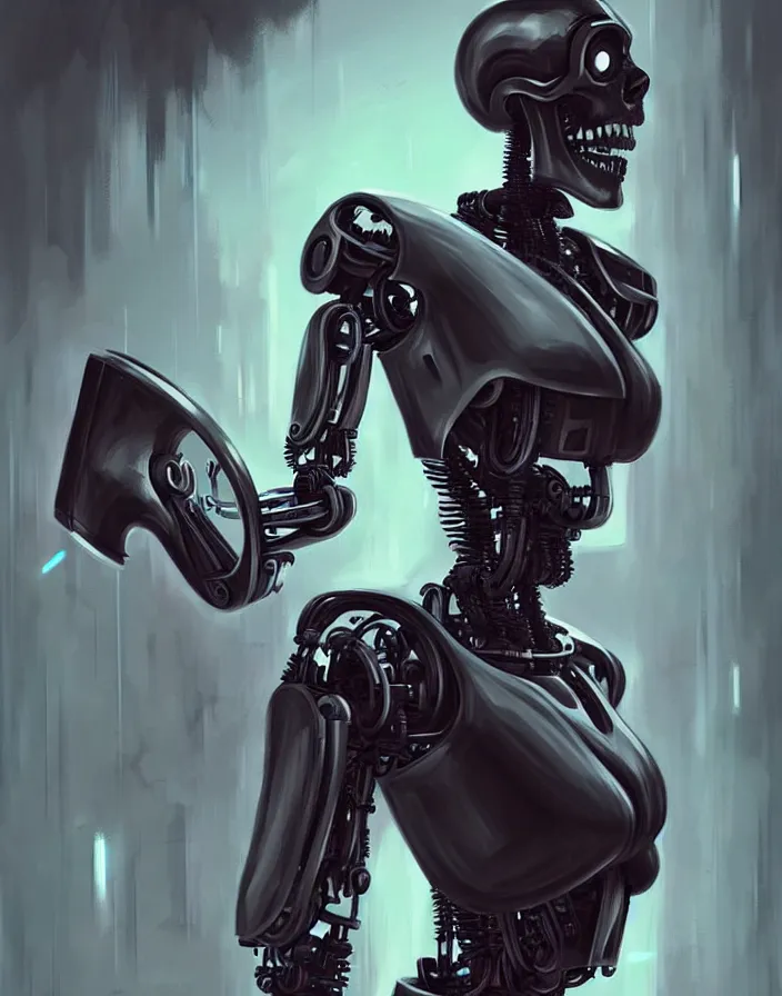 Image similar to skull - headed robot cyborg painting, illutstration, concept art, cyberpunk, futurism, comics art, artgerm, full body shot, wide angle