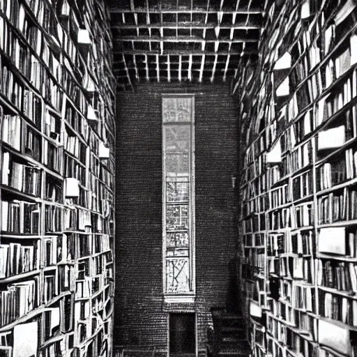 Image similar to “lost in a labyrinth that is Powell’s City of Books. Creepy liminal photo. Hyperrealistic, Photo taken by M.C. Escher. benchmark resolution photo”