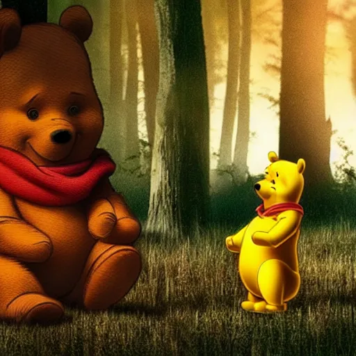 Image similar to winnie the pooh horror movie slasher, scary, creepy, realistic, cinematic