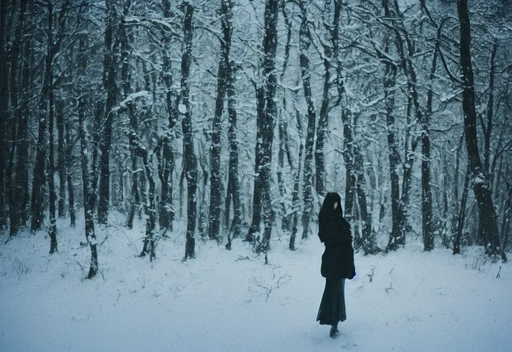 Prompt: lomo photo of a female silhouette standing in front of a snowy cabin, cinestill, bokeh, out of focus, day, dramatic lighting