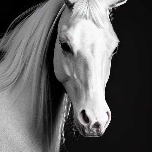 Image similar to beautiful professional black and white portrait photograph of lady gaga as a horse, hyperrealistic, studio lighting, stunning, 4 k