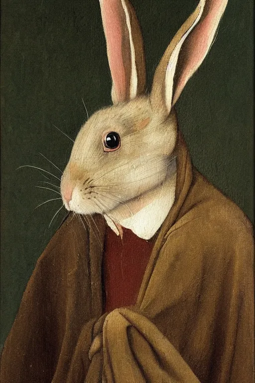 Prompt: silly hieronymus bosch oil painting portrait of a bunny in a coat. muted colour palette