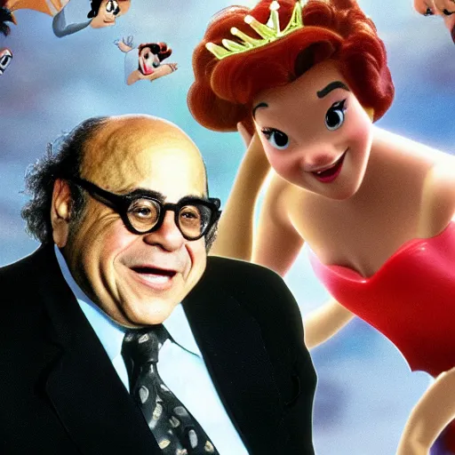 Image similar to A movie still of Danny Devito as a Disney princess