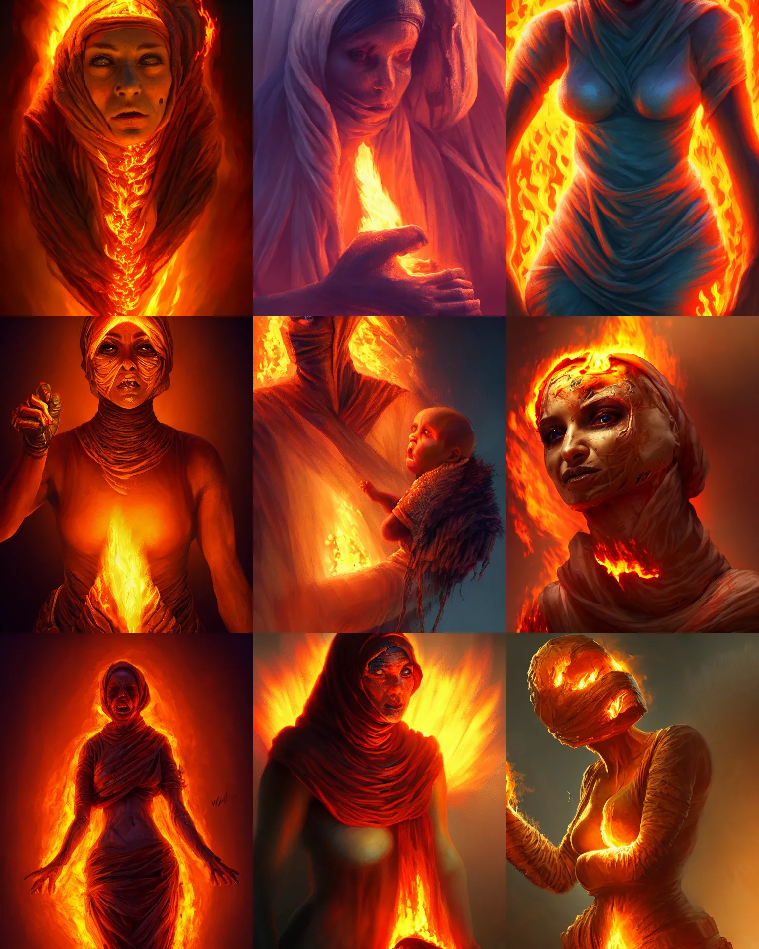 Prompt: mummy, on fire, wraps visible, fantasy, high detailed, realistic, complimentary colors, light, artstation, cinematic, dramatic lighting, close up