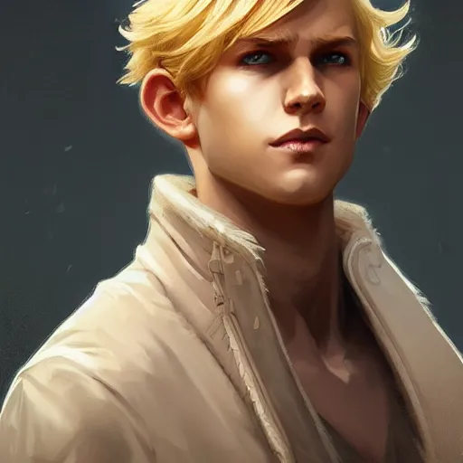 Image similar to an epic fantasy comic book style portrait painting of a young blonde boy who is over confident, wearing plain thief clothes, d & d, fantasy, intricate, elegant, highly detailed, digital painting, artstation, concept art, matte, sharp focus, illustration, art by artgerm and greg rutkowski and alphonse mucha