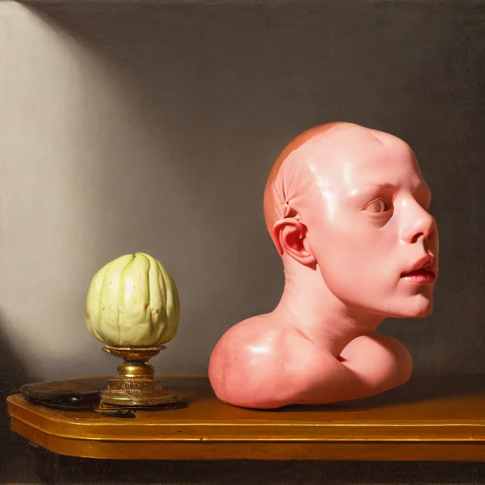 Image similar to still life painting of a melting glossy pink mannequin head, by pieter claesz, oil on canvas, strong lighting, highly detailed, peeled orange, dragon fruit, hyper realism, golden hour, god rays, hd, 4 k