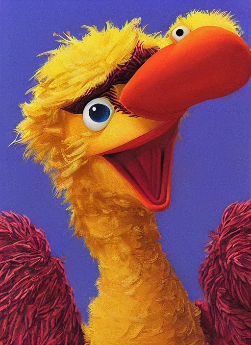 Image similar to Big Bird from Sesame Street in Society (1989), highly detailed, centered, solid color background, digital painting, artstation, concept art, smooth, sharp focus, illustration, Jason Edmiston, donato giancola, Joseph Christian Leyendecker, Les Edwards, Ed Repka, WLOP, Artgerm