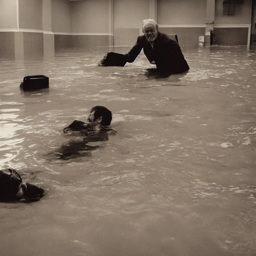 Image similar to 7 0 s movie still of an old man drowning in an empty soviet ballroom flooded in worms, cinestill 8 0 0 t 3 5 mm, heavy grain, high quality, high detail