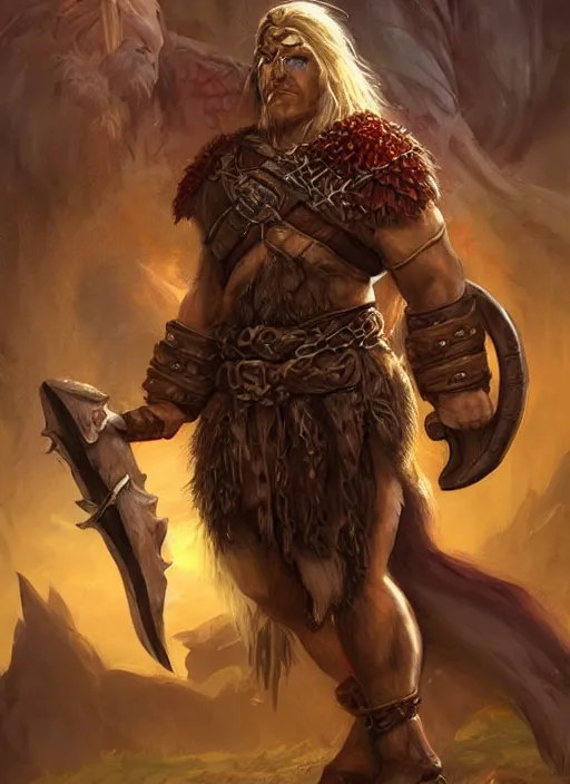 Image similar to short barbarian, ultra detailed fantasy, dndbeyond, bright, colourful, realistic, dnd character portrait, full body, pathfinder, pinterest, art by ralph horsley, dnd, rpg, lotr game design fanart by concept art, behance hd, artstation, deviantart, hdr render in unreal engine 5